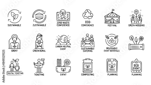 Eco icons represent sustainability practices at events or eco awareness promoted in environmental initiatives or ecology symbols visualize conservation efforts during ecological gatherings