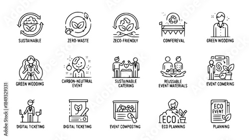Eco icons represent sustainable event planning or Line icons show ecological event organization