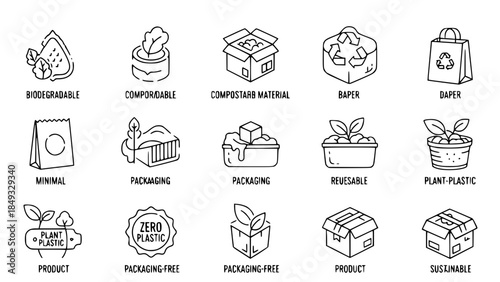 Eco labels showing sustainability representing responsible choices or sustainable containers displaying eco friendly products on white