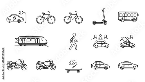 Eco transport icons present various mobility options showing clean commute or diverse transport icons illustrate various mobility modes emphasizing sustainable movement