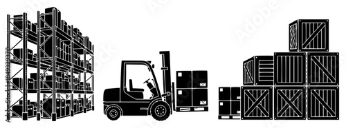 Warehouse logistics scene with forklift and stacked wooden crates