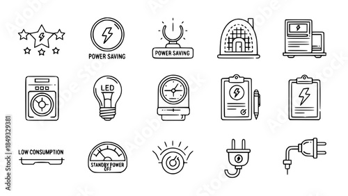 Energy efficiency icons depicting power conservation show savings in a minimalist style or electricity symbols illustrating conservation measure energy consumption awareness.