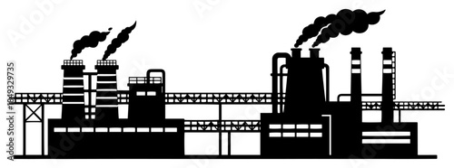 Manufacturing factory building silhouette with smokestacks and industrial pollution