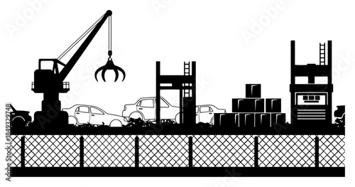 Scrapyard silhouette with crane lifting wrecked cars behind wire fence