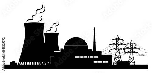 Nuclear power plant silhouette with cooling towers and electricity pylons