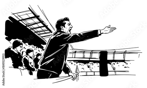 Football coach shouting and directing team from stadium sideline sketch