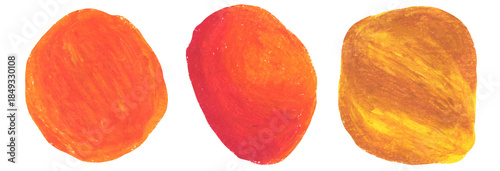 Abstract hand drawing bright orange red and brown crayon oil pastel textured round blobs set. Abstract creative watercolor circle sun shape for sunny banner design, texture frame background