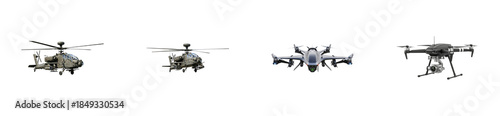 Collection of military attack helicopters and unmanned aerial drones showing modern aviation technology for warfare, surveillance, and reconnaissance operations in a detailed set