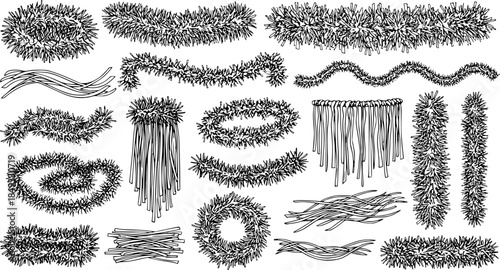 Hand-drawn black and white set of various Christmas tinsel and garland decorations, vector line art illustrations for festive designs.