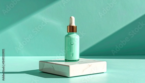 A mint green glass dropper bottle with a gold lid rests on a white marble pedestal against a teal backdrop with sharp graphic shadows