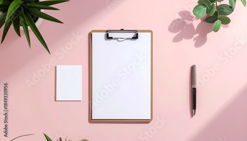 A topdown view of a pink desk with a clipboard blank paper a card a pen and green plants lit by strong sunlight