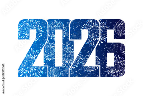 Happy New Year 2026 text design. Firework and snowfall. Vector illustration.