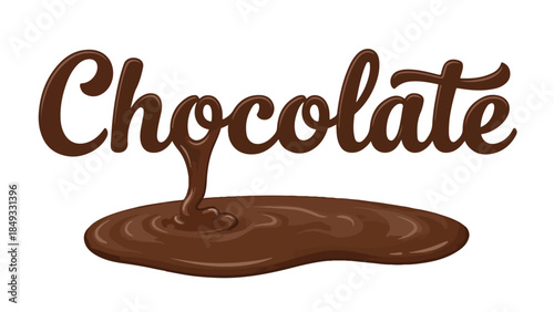 Chocolate lettering with melted chocolate puddle isolated on white background.
