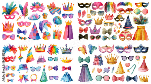 Colorful carnival costume icon set with masks, crowns, hats, feathers and dresses, bright collection for party invitations, festival posters, kids events and celebration design.