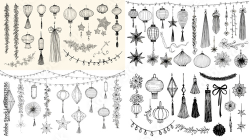 Decorative hanging lantern ornaments and garlands in black silhouette style, elegant festive set for Ramadan, Eid, weddings, parties, postcards and banner designs.