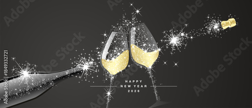 Happy New Year 2026 eve white firework shape two champagne glasses with sparkler fireworks all around, open champagne bottle, golden wine black background greeting card