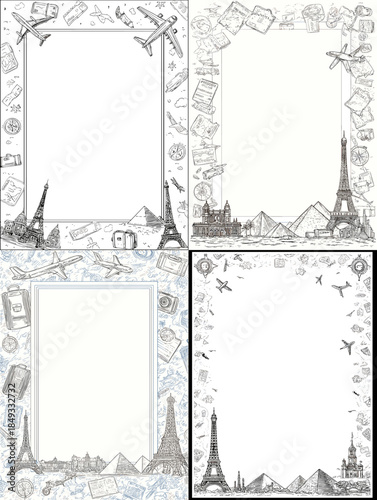 Hand drawn Paris travel frame set with Eiffel Tower, skyline and doodle elements, vintage sketch borders with copy space for postcards, posters, invitations and travel blogs.