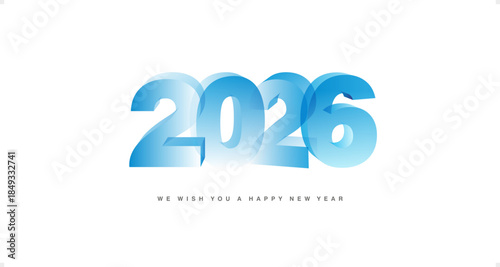 We wish you a Happy New Year 2026 with sparkle firework. Modern 3D light blue transparent glass numbers shape of 2026 on transparent background greeting card