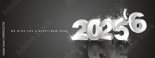 We wish you a Happy New Year 2026, modern design, with 3D silver grey exploding glitter sparkle fireworks for 2025 and 2026 is comming in black background