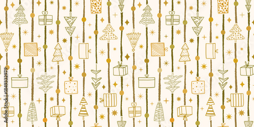 Gold vector Christmas seamless pattern with gift boxes, trees, stripes, dots and sparkle elements for holiday wrapping paper and package design