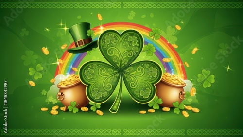 Vibrant St. Patrick's Day scene with shamrock, rainbow, and gold coins