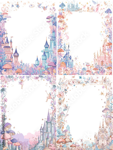 Dreamy watercolor fairytale castle frame set with soft pastel splashes, magical borders for kids invitations, princess parties, storybook covers, posters and greetings.