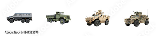 Four different military armored vehicles and trucks including a gray personnel carrier, a green cargo transport, and two tactical combat vehicles with machine gun turrets