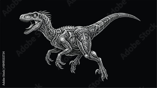 Dynamic Velociraptor illustration with intricate details on a dark background.