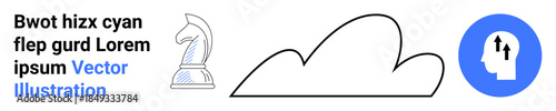 Business strategy, decision-making, cloud technology, innovation, creative thinking, progress. Chess knight, cloud shape and profile with arrows in a blue circle. Business strategy and cloud