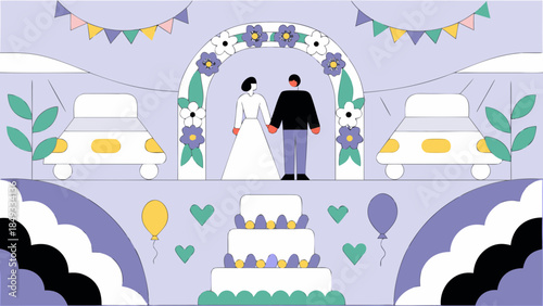 Wedding celebration illustration with bride and groom under floral arch, wedding cake and cars in flat pastel style