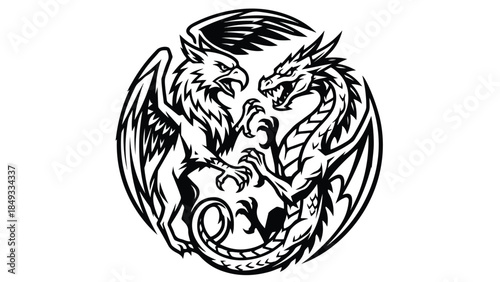 Griffin and Dragon Mythical Creatures Fighting Black and White Illustration.