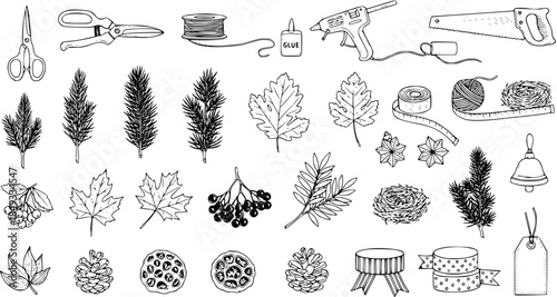 DIY Craft Supply Sketch: Christmas, Thanksgiving and Fall D?cor Vector Elements