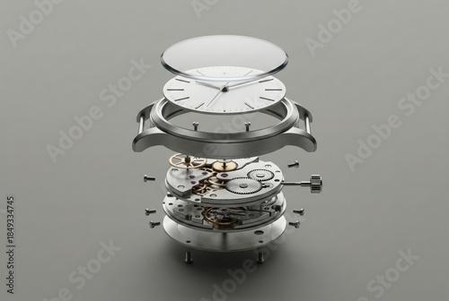 Wristwatch components in exploded view, floating metallic gears, silver case, glass crystal, white face, technical precision, neutral grey background