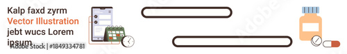 Digital health monitoring, appointment scheduling, telemedicine, pharmaceutical care, time management, healthcare planning. Smartphone with calendar, clock pill bottle and pills. Digital health