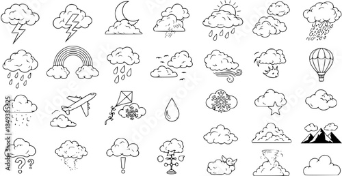 Weather Icon Set: Hand-Drawn Line Art Illustrations of Weather Conditions (Rain, Sun, Wind, Storm, Clouds, etc.)