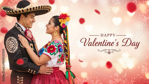 Mexican Couple dressed in traditional Mexican attire celebrating Valentine's Day  