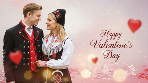 Norwegian Couple in traditional outfits smiling together on Valentine's Day  