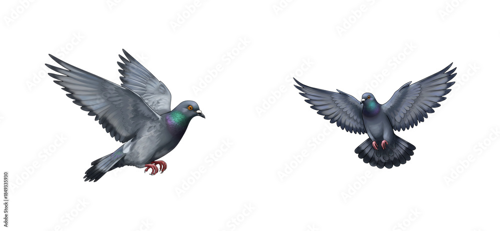 Obraz premium Two detailed grey rock doves flying with their wings spread wide in a realistic digital illustration showing side and front views of the common urban birds