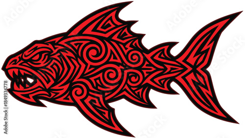 Red Tribal Fish Design with Intricate Patterns.