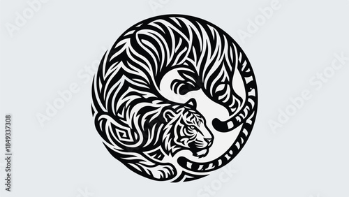 Stylized black and white tiger in a circular design.