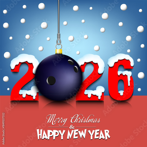 Merry Christmas and Happy New Year. Number 2026 and bowling ball as a Christmas decorations hanging on strings amid falling snow on a mirror surface. Pattern for greeting card. Vector illustration