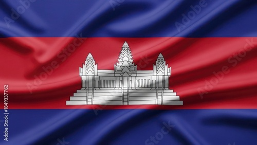 Cambodia National Flag Waving with Angkor Wat Emblem on Fabric Texture