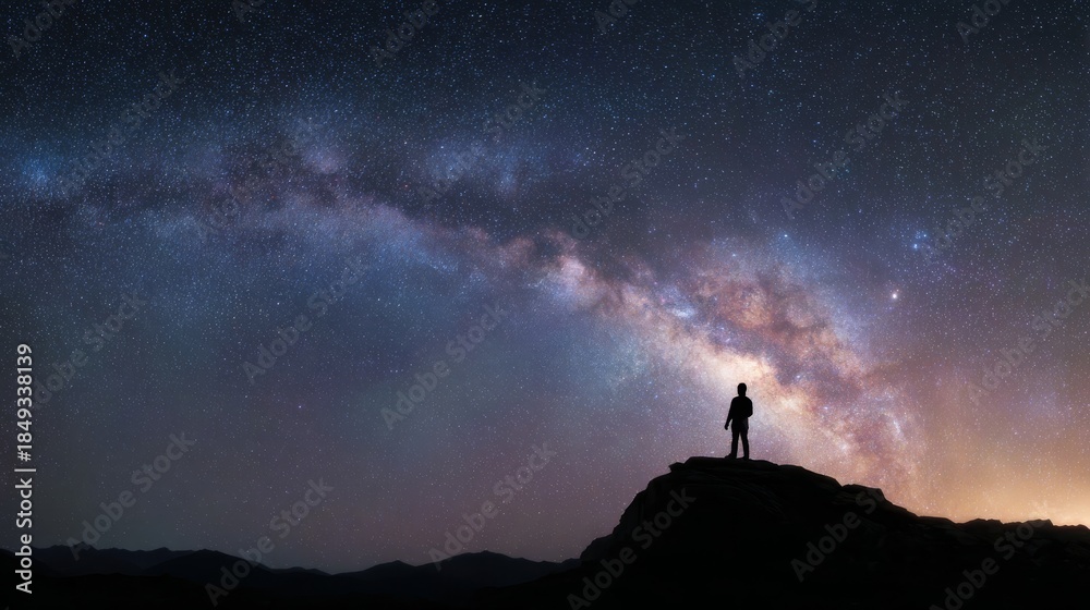 Fototapeta premium Contemplation Under Cosmic Canopy: A solitary figure gazes upward, dwarfed by the breathtaking expanse of the Milky Way, evoking a sense of wonder and connection to the universe.