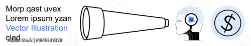 Future planning, financial analysis, business strategy, vision, creativity, education. Telescope, human head with brain activity dollar symbol. Vision and financial analysis concepts