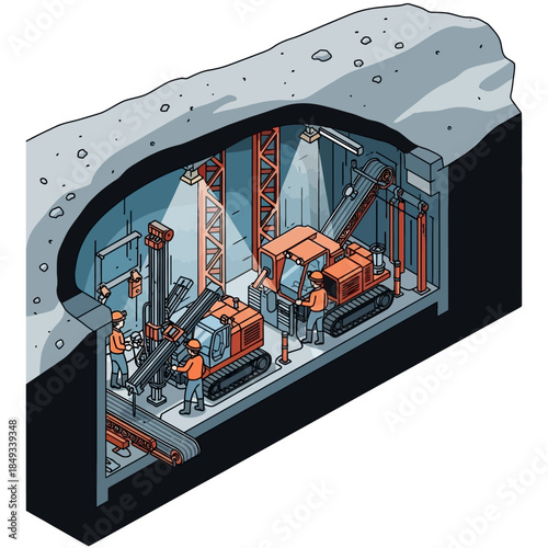Isometric illustration of underground tunnel construction with heavy machinery and workers.