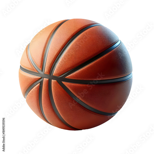 High-quality 3D rendered basketball featuring a realistic orange leather texture with clearly defined black channel lines. Isolated on a white background, this detailed illustration is ideal for sport