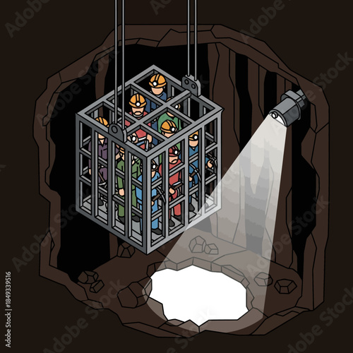 Isometric pixel art illustration of miners in a cage descending into a dark mine shaft with a spotlight illuminating the bottom where gems are found.