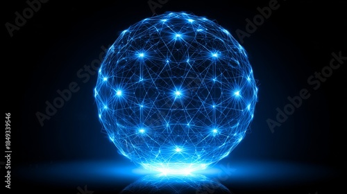 Abstract glowing blue sphere composed of interconnected lines and bright nodes, symbolizing global network, technology, and data on a dark background.