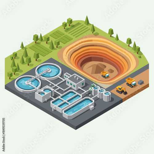 Isometric illustration of an industrial complex featuring an open-pit mine and a water treatment plant with surrounding green fields.