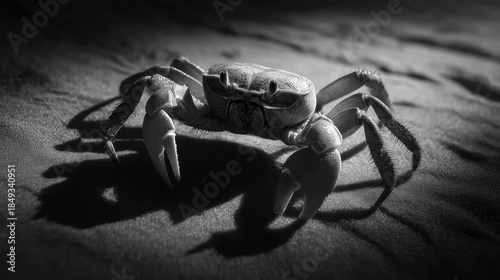 A crab, centered in a grayscale shot, casts a dramatic shadow on the sand
